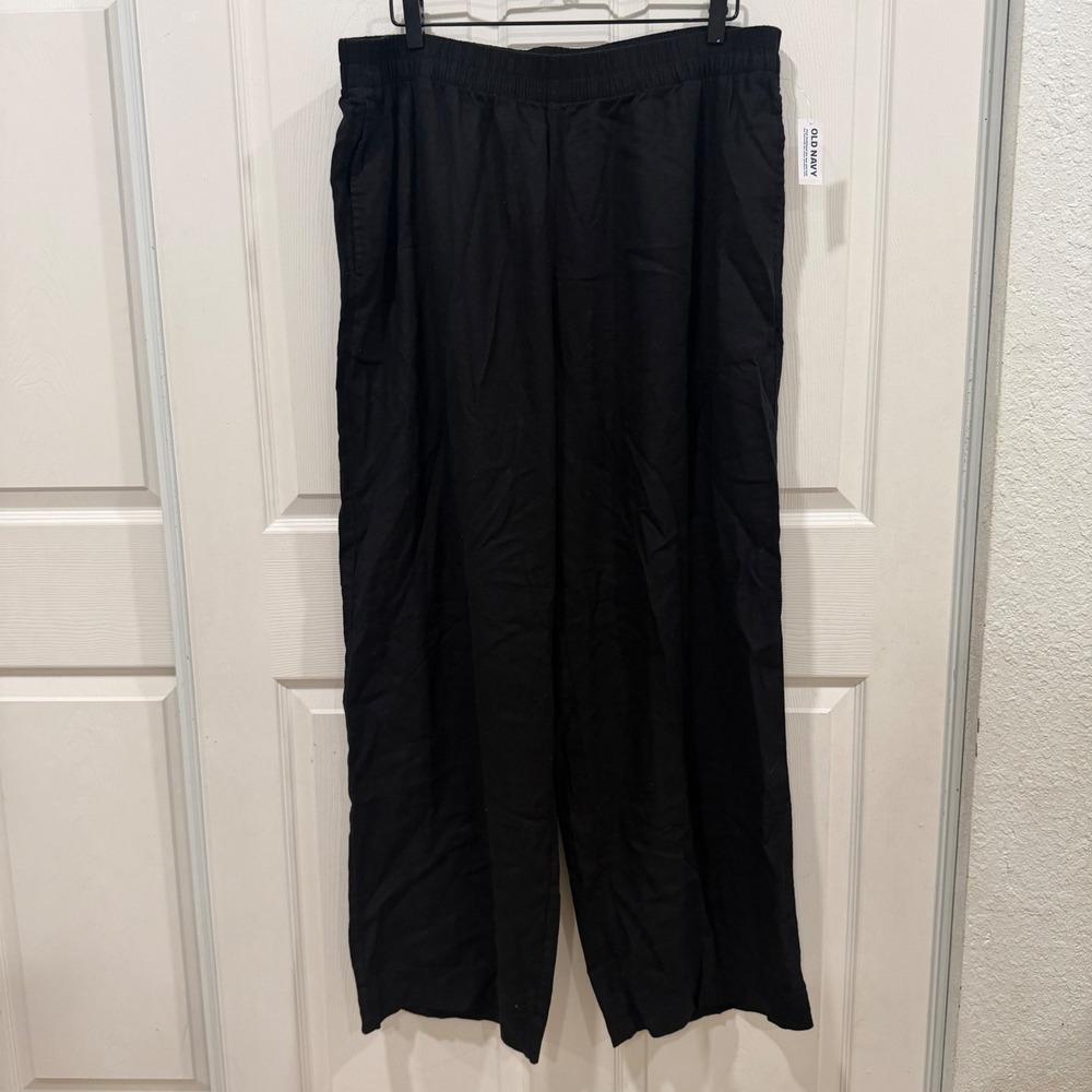 Old Navy Black Linen Blend Wide Leg Pants XL Tall High Waisted Elastic Waist